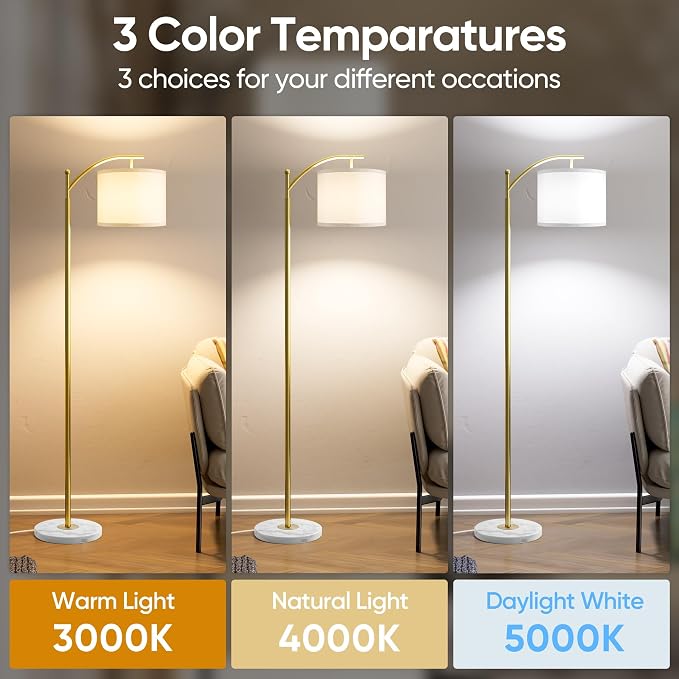 ROTTOGOON Gold Floor Lamp for Living Room with Marble Base, Modern Standing Lamp with 3 Color Temperatures Bulb & Adjustable Linen Shade, Tall Lamp for Bedroom Office Reading Nursery