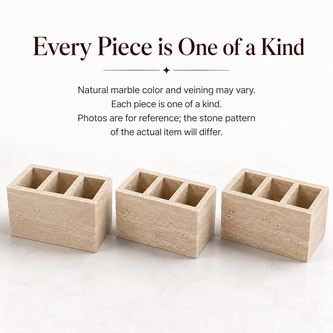 Travertine Desk Organizer, 3 Compartment Pencil Holder | for Pens, Makeup Brushes, Office Supplies and Bathroom Counter Decor, 5.91 x 3.94 x 3.94 in