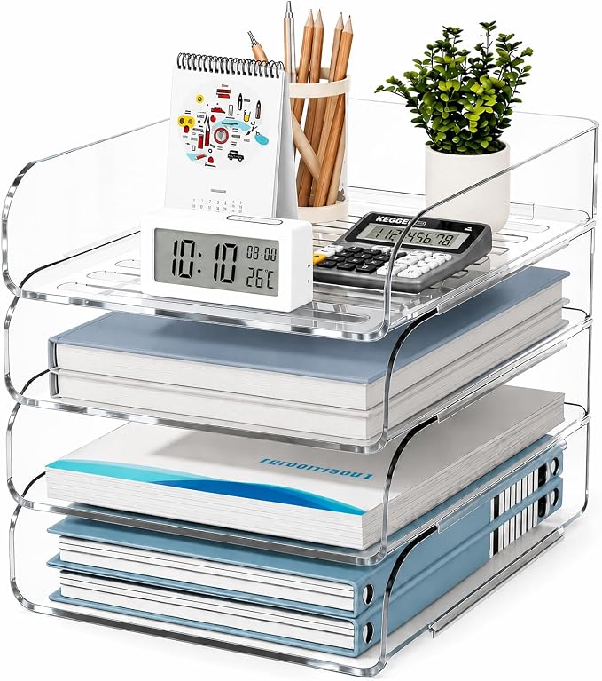 HIYOHIYO Clear Office Desk Organizer for A4 Letter Paper, 4-Tier Vertical | Stackable | Large Capacity | Sturdy Office DeskTtop Organizer for File Folder, Stable Home Desk Paper Holder and Storage