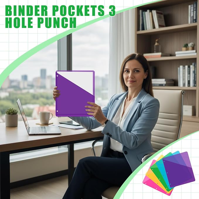 Maitys 50 Pack Binder Pockets 3 Ring, Letter Size 8.5x11,Neon Colors | Clear Plastic Document Sleeves, Sheet Protectors with Slash Jacket, Fits Standard 3 Hole Binders, Organize Office Papers
