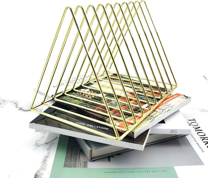 9 Slot Magazine Rack Book Record Holder, Desktop Iron Storage Rack Bookshelf Multifunction Triangle File Organizer Sorter for Decor Home Office, Golden Pack of 2