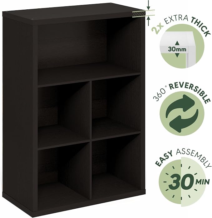 Furinno Cubicle 5-Cube Book Shelf, Extra Thick Frame Bookshelf, Dark Oak | Cube Storage Organizer Bookcase with Closed Back, 15.3 x 29.9 x 43.3, for Living Room, Bedroom, Home Office