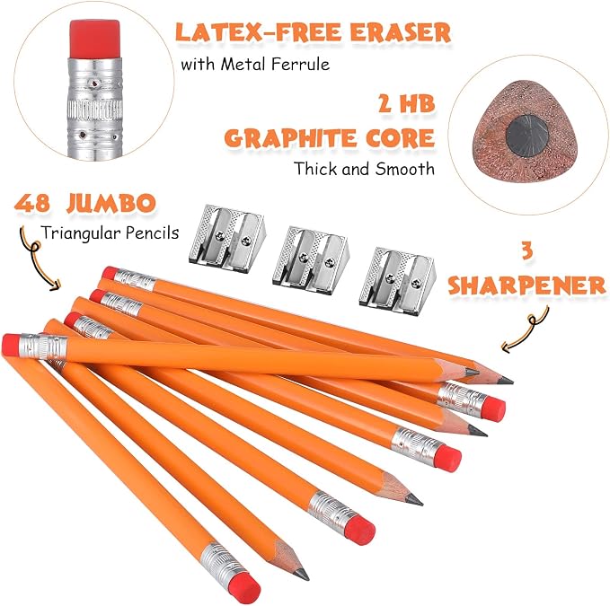 Fainne 48 Pcs Large Pencils 3 Sharpeners,Orange+silver,Triangle