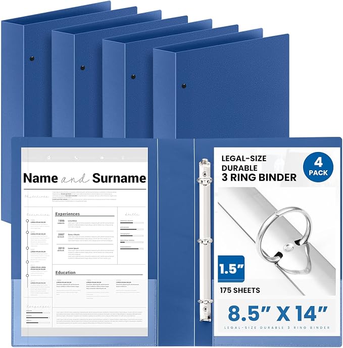 Henoyso 4 Pcs Legal Size Binder 3 Ring 1.5" Durable Navy Blue Binders for 8.5" x 14" Paper Hold up to 175 Sheets for Documents Artwork Blueprints, Office, Home, Work Places