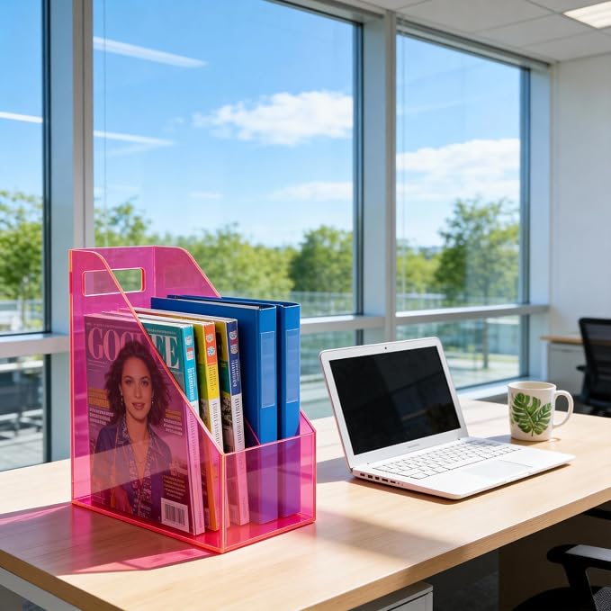 Acrylic Magazine Rack Desk File Holder Organizer for Office Desktop Vertical Magazine Storage Box, 12 x 10 x 5'', Neon Pink