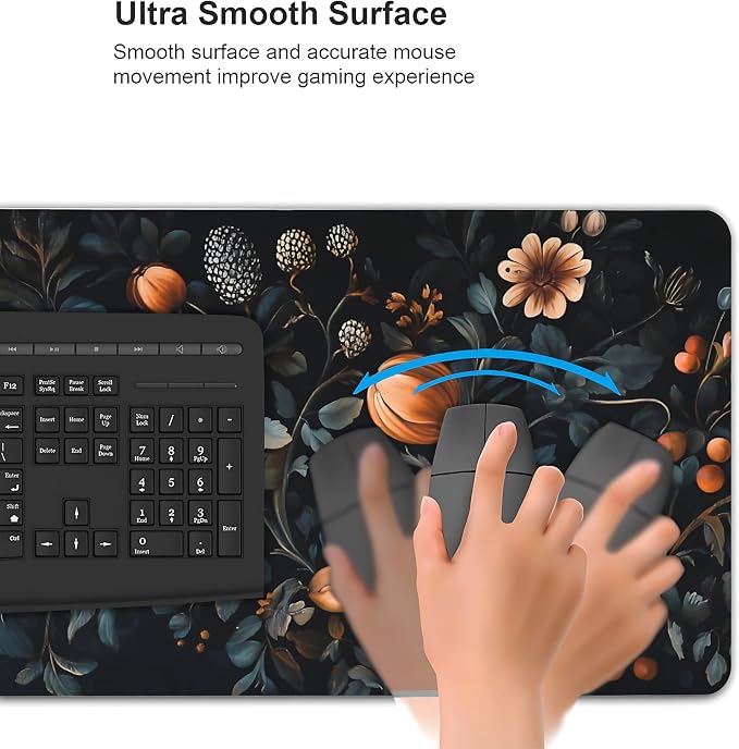Floral Aesthetic Flower Bud Gaming Mouse Pad, Black Dark Botanical Desk Mat with Anti-Slip Base & Stitched Edges, Office & Home Desk Decor for Women, 35.4" x 15.7" in Computer Desktop Mat