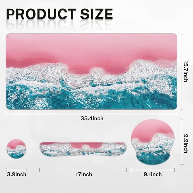 Keyboard Mouse Pad Set, 4 in 1 Desk Mat Set, Pink Sand | Beach Blue Sea Large Mousepad+Keyboard Wrist Rest+Mouse Wrist Rest+Coaster Ergonomic Design for Home Office Computer