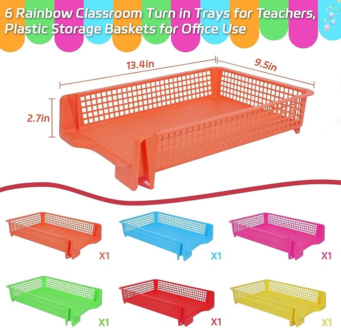 ZZYFGH 6 Pack Turn in Trays Classroom, Colorful Turn in Trays for Teachers, Plastic Classroom Paper Organizers, Stackable Tray for Classroom, Library, Drawers, Office Desk (13.4 * 9.5 * 2.7in)