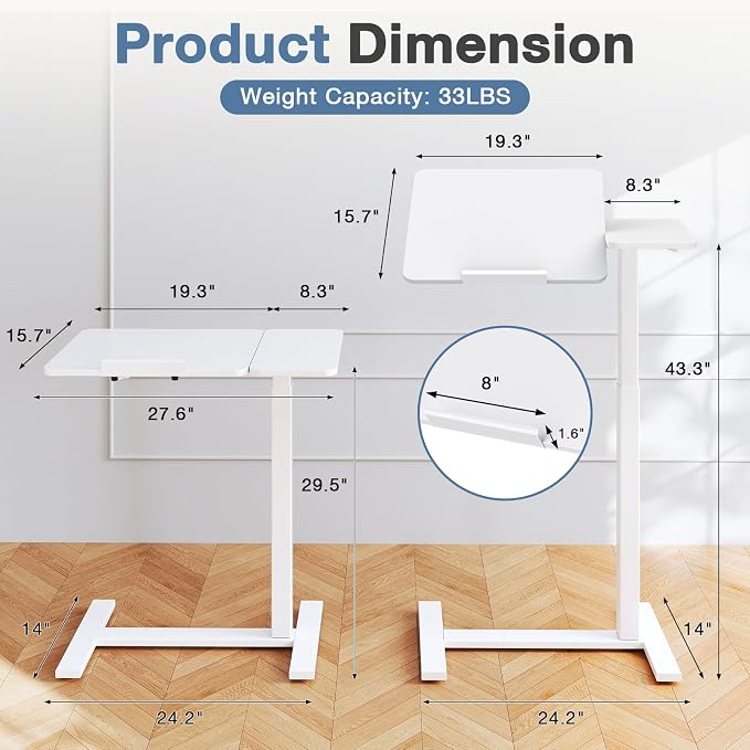 DUMOS Adjustable Bedside Overbed Table with Wheels, White | Laptop Standing Desk with Tilting Top Height, Mobile Rolling Computer Cart for Hospital Home Bedroom Use