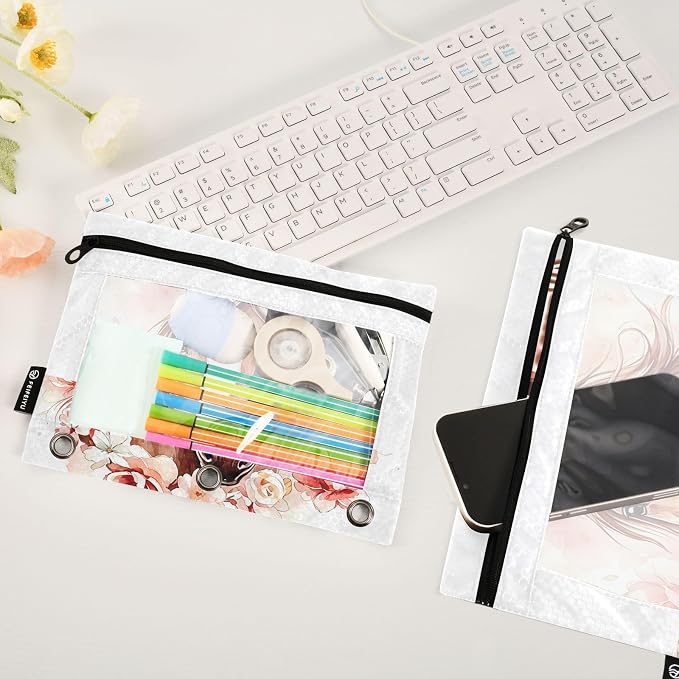 Custom Brown Horse Flower Pencil Pouch for 3 Ring Binder, 2 Pack Personalized Name Waterproof Pencil Bags Clear Window Pencil Case School Office Supplies