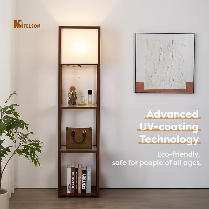 Floor Lamp with Shelves, Modern Shelf Lamps with Tempered Glass, Standing Lamp with LED Bulb, Display Corner Shelf with Lights for Living Room, Bedroom, Office, Brown