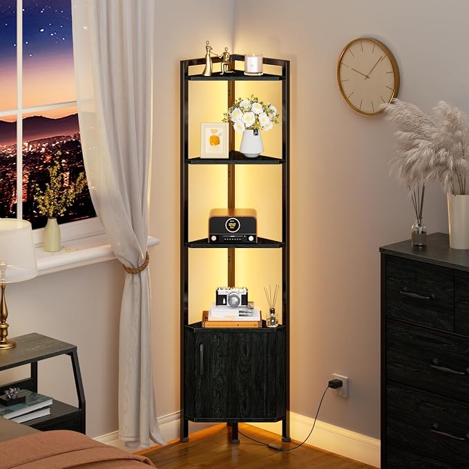 5-Tier Corner Shelf with LED Light,Black Corner Cabinet with Doors | 62.8”Tall Corner Bookshelf with Storage Rack for Bedroom,Living Room,Kitchen,Metal Frame,Wood Display Shelf,Easy to Assemble