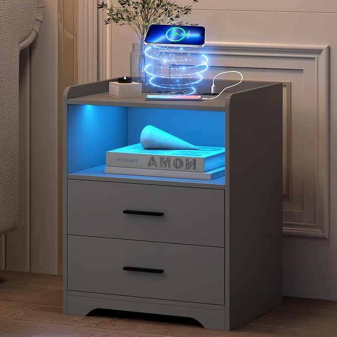 dnbss RGB Nightstand with Charging Station, Smart Bedside Table, Grey | LED Night Stand, 2 Drawers, 1 Compartment, Human Body Sensor, Modern End Side Table for Bedroom Living Room Office Storage
