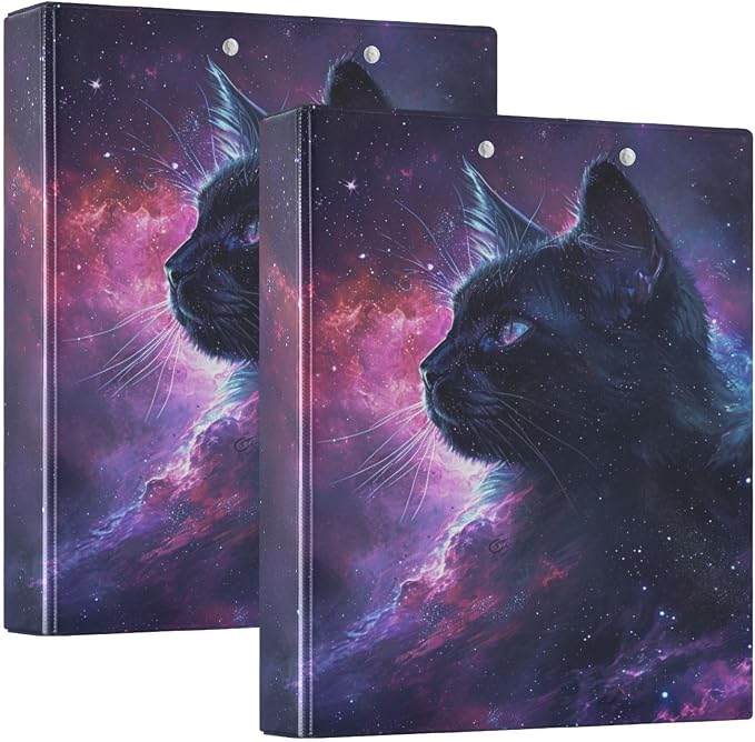 JIPONI 3 Ring Binder Cat Starry Sky 1 Inch Round Binders for Men Women Students, Cute File Organizer for Office School, 2pcs
