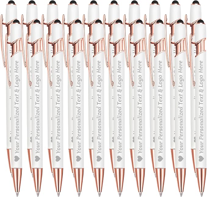 STREADVE Personalized Custom Pens 20 Engraved Writing Pen with Name Logo, Customized Promotional Items Stylus Pen Gifts for Communion Wedding Men Women Realtor Business, White