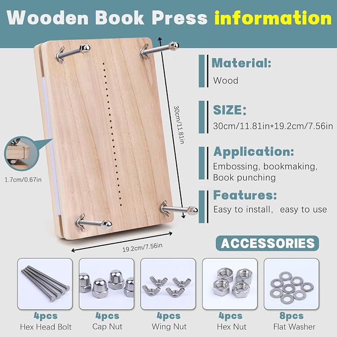 UzecPk Book Binding Kits, Bookbinding Kit 11.8”x7.6” Wooden Book Press | Materials Book Making Kit Bookbinding Supplies with Book Cloth Bone Folder Awl Needles Wax Thread for Bindings Repair