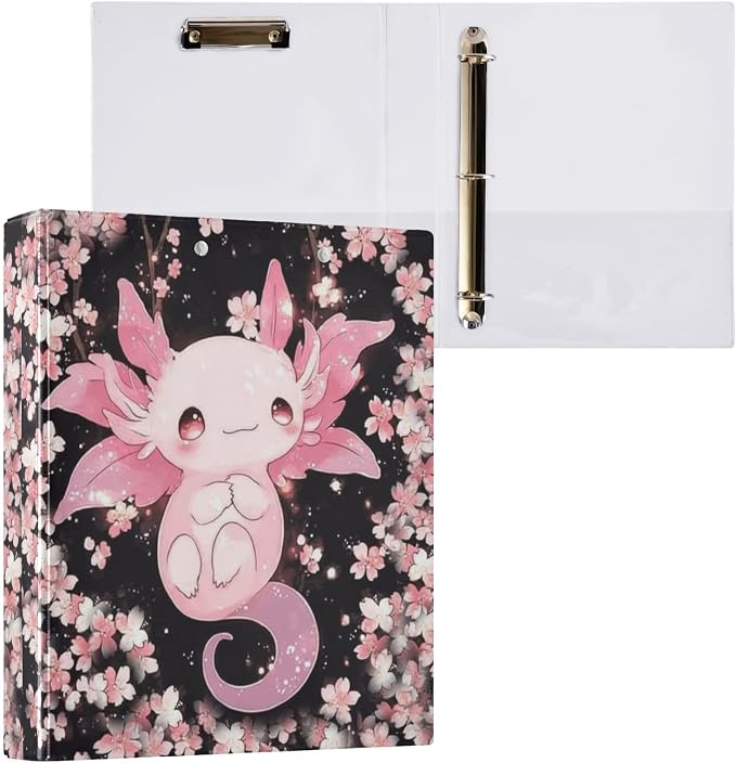 Cute Axolotl Cherry Blossoms 3 Ring Binder 1.5 Inch 1 Pack with 200 Sheet for Kids School Supplies Women Men Office