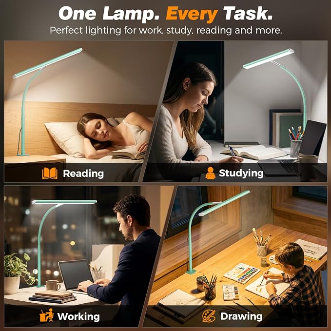 Airlonv LED Desk Lamp with Clamp, 17" Stepless Dimming Light, Mint Green | 2700K-6500K, 100 LEDs, 360° Gooseneck, Fits Up to 30" Monitors, Flicker-Free Lighting for Home Office, Study& Workbench