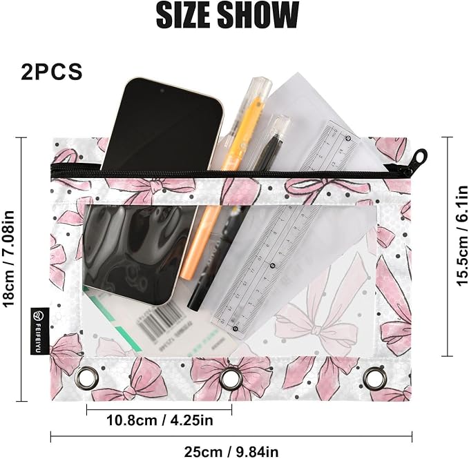 Cute Bows Pink Pencil Pouch for 3 Ring Binder, 2 Pack Waterproof Pencil Bags Clear Window Zipper School Office Supplies