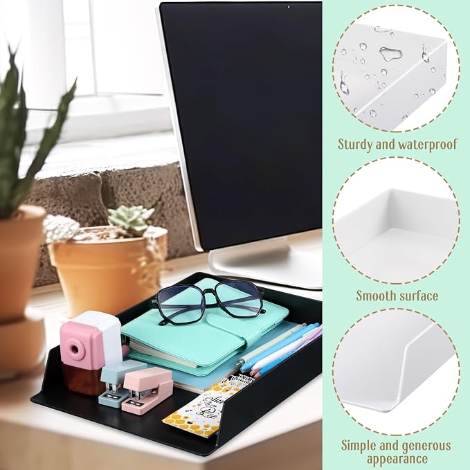 2 Pcs Stackable Paper Trays Rectangular Plastic Desk Holder Desktop Document File Organizer Storage Letter for Office Classroom (Black)