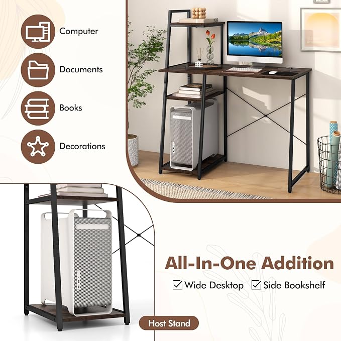 Giantex Computer Desk with Shelves, 47.5” Home Office Desk with Bookshelf, Host Stand, Metal Frame, PC Laptop Workstation, Modern Study Writing Desk for Bedroom, Small Space (Rustic Brown & Black)