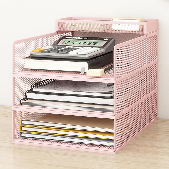 Natwind 3-Tier Stackable Metal Mesh Letter Paper Tray Organizer,Pink | Desk Organizer For Paper,Document,Mail Tray For Office Supplies,File Holder For Home Office School Classroom Organization