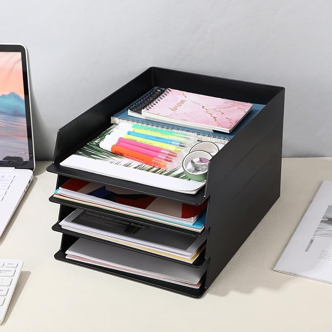 6 Pcs Stackable Paper Trays Rectangular Plastic Desk Holder Desktop Document File Organizer Storage Letter for Office Classroom (Black)