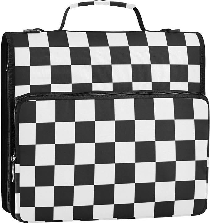 Fisyme Black and White Checkerboard Plaid Zipper Binder 3 Ring with Zipper and Shoulder Strap Large Capacity Multi-Pocket Binder Organizer