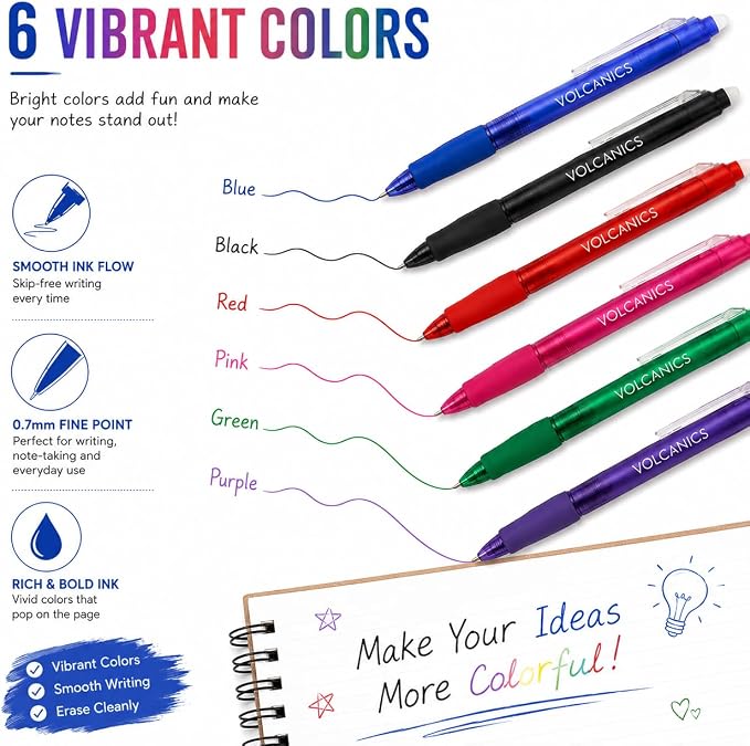 Volcanics Retractable Erasable Gel Pens, 24 Pack, 6 Colors, 0.7mm