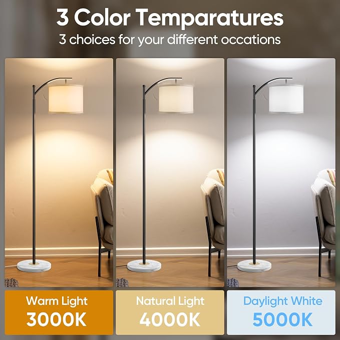 Floor Lamp for Living Room with Marble Base, Modern Standing Lamp with 3 Color Temperatures Bulb & Adjustable Linen Shade, Tall Lamp for Bedroom Office Reading Nursery