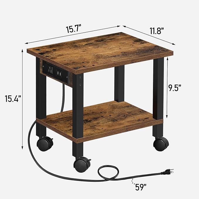 TUTOTAK Printer Stand, 2 Tier Rolling Printer Cart with Charging Station | Small Under Desk Printer Table with Wheels for Small Space, Office, Home, Brown PS01BB001