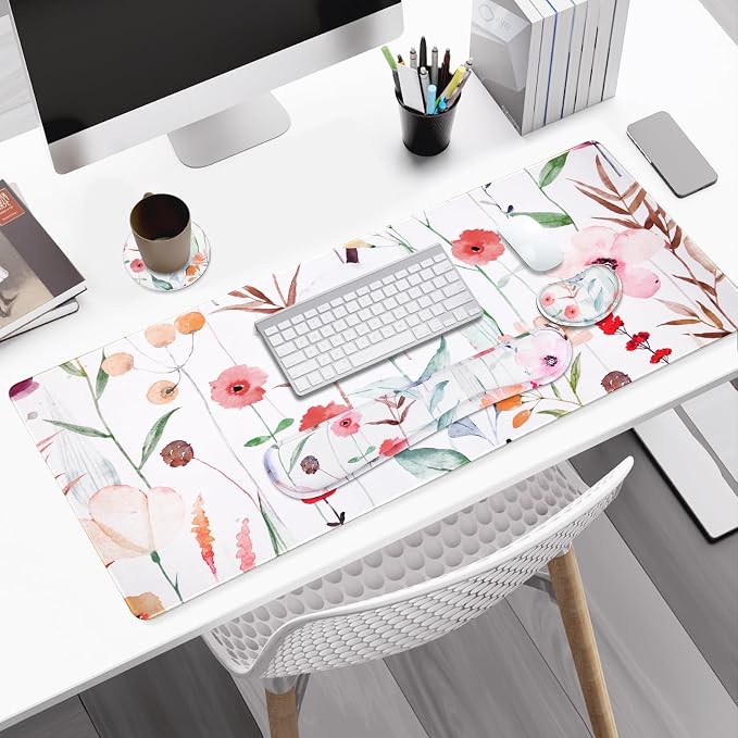 Large Gaming Mouse Pad Set, 4 in 1 Extended Keyboard Desk Mat with Wrist Rest, PC Computer Game Mousepad Set, Non-Slip Desk Pad Easy Typing Pain Relief for Home Office I Orange Flowers
