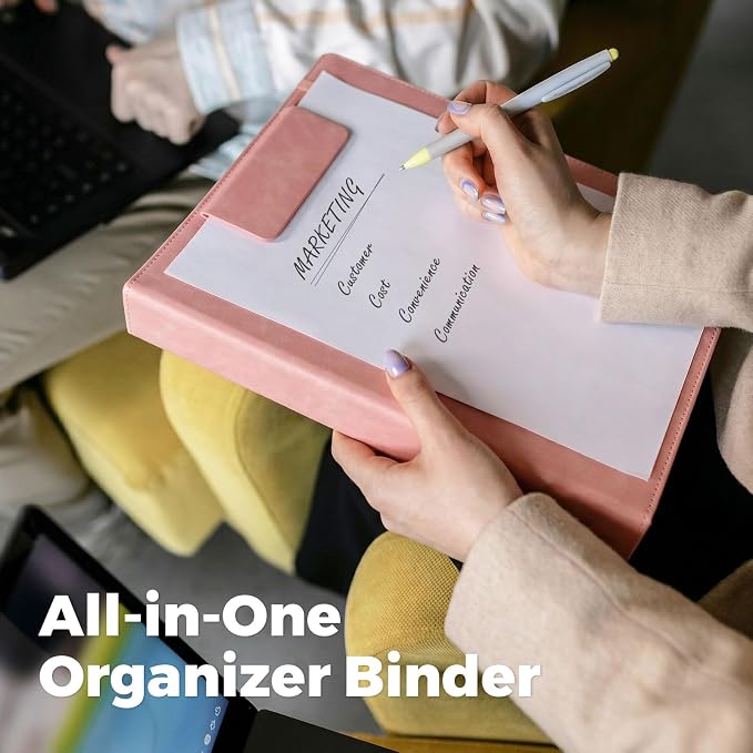 SKYDUE 3 Ring Binder with Magnetic Clipboard, 1 Inch Binder with 5 Dividers | Faux Leather Binder, Folder, Binder Pouch, Plastic Sleeves, and notepad, Ideal for Office & School Supplies Organize