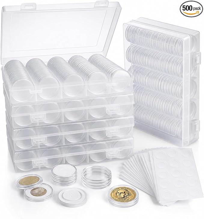 APACALI 500 PCS Coin Capsules Holders for Collectors, 30mm Clear Plastic Coin Holders with Foam Gaskets, 5 Storage Organizer Boxes, Coin Collection Supplies for 17/20/25/27/30mm Coins
