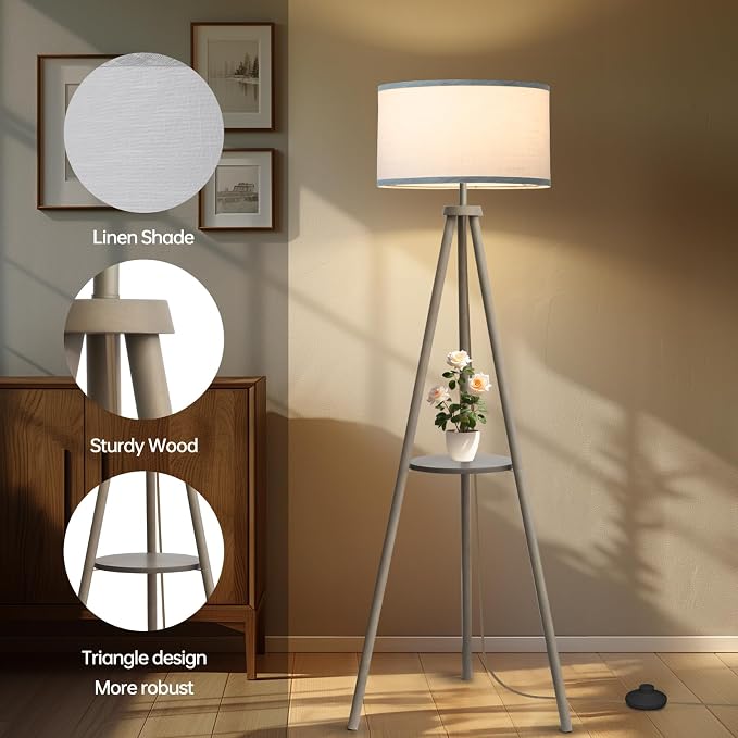EOEYYOYB Floor Lamps for Living Room, Modern Standing Lamp with Shelf, 3 Color Temperature Led Bulb Tall Lamps with Foot Switch for Bedroom and Office, Grey