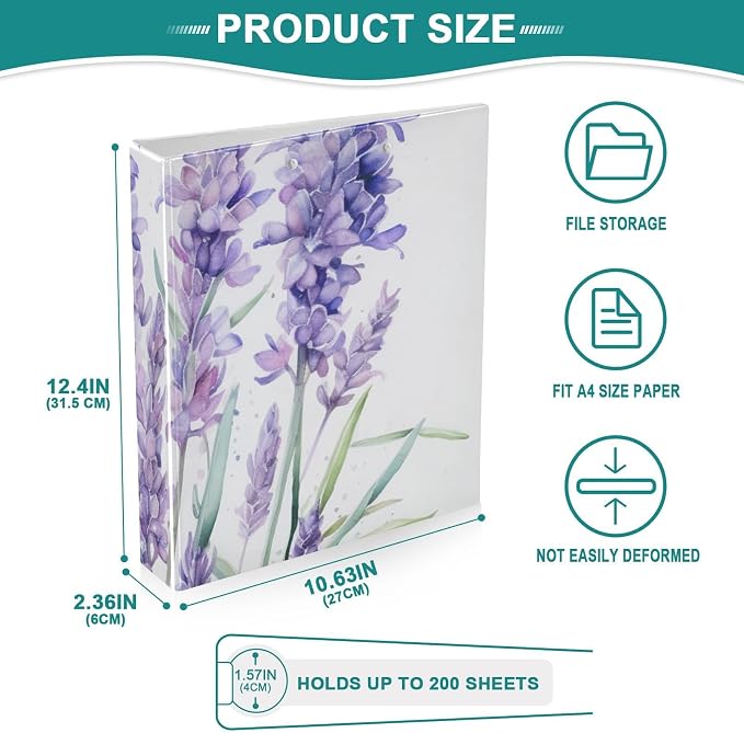 3 Ring Binder Purple Lavender Flower C 1.5 inch Binders Three Ring Binders with Clipboard Fit 8.5'' x 11'' Paper 3 Interior PVC Clear Pockets for Office Supplies