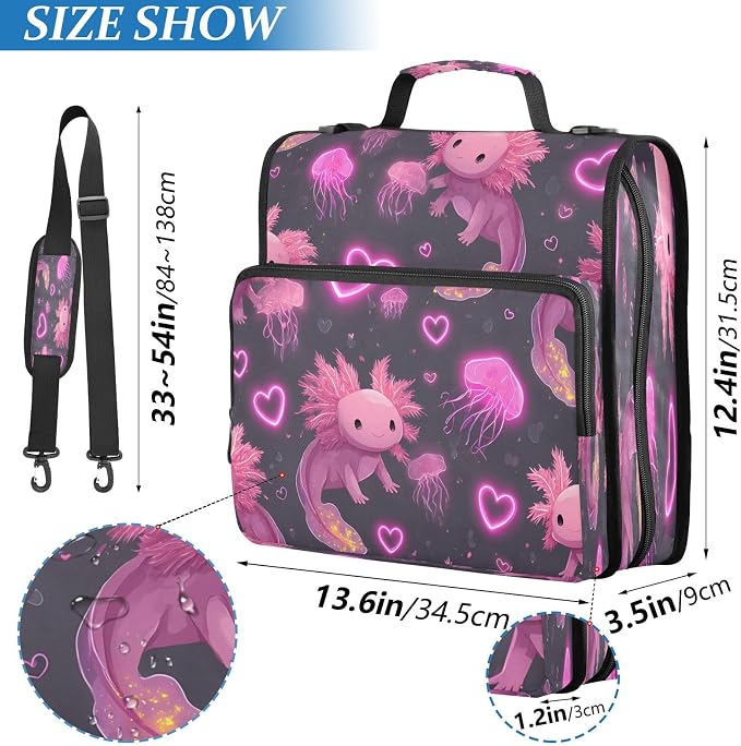 ALAZA Zipper Binder 3 Ring Glowing Love Heart Axolotl Binder Organizer with Zipper and Shoulder Strap Large Capacity Multi-Pocket Trapper Keeper File Folder for Office Supplies