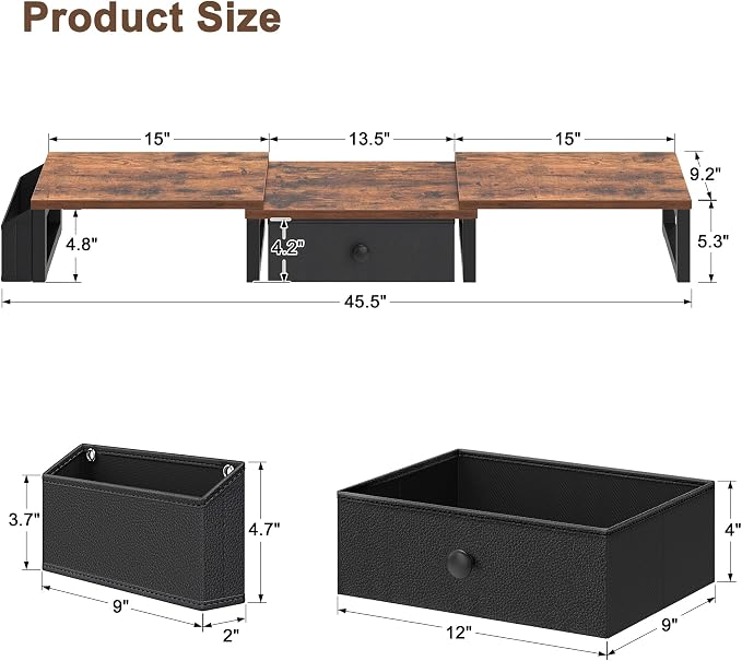 LAND·VOI Heavy Duty Dual Monitor Stand, Holds 2 Screens Up to 27 Inches, Adjustable Length and Angle Monitor Riser, Desk Organizer with Side Pockets and Drawers, Home Office Desk Storage, Rustic Brown