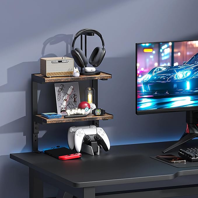 2-Tier Desk Shelf | Desk Organization Expandable Clamp on Desk Shelf Desktop Accessories for Offices and Game Rooms (Wood)