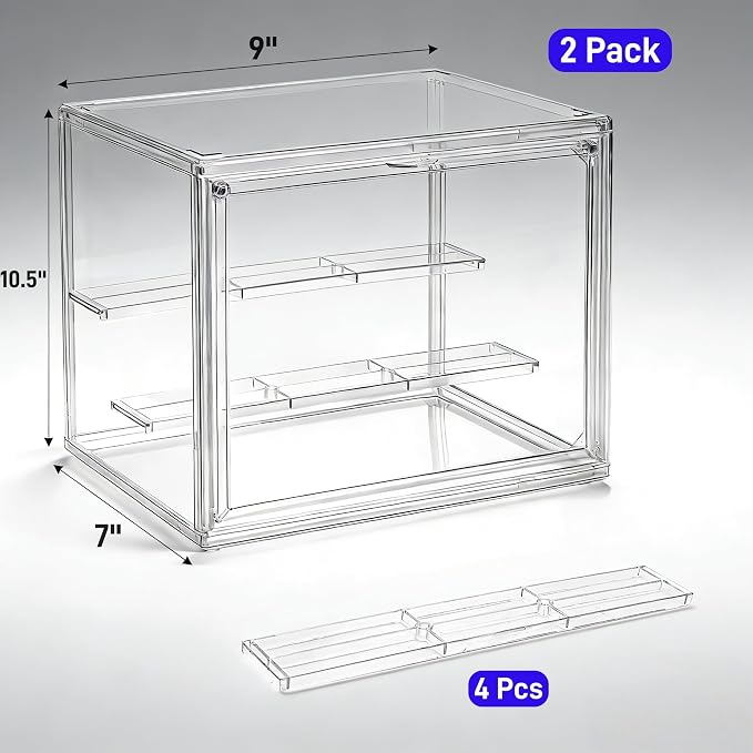 2 Pack Clear Acrylic Display Case, 3 Tier Small Adjustable Display Box, Collectible Showcase with Magnetic Door, Figure Storage Shelf, Stackable Purse Organizer for Closet, Book, Cosmetic