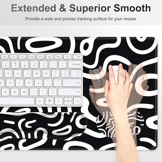 Large Gaming Mouse Pad Set, 4 in 1 Extended Keyboard Desk Mat with Wrist Rest, Computer Game Mousepad, Non-Slip Desk Pad Easy Typing Pain Relief for Home Office I Black White Topographic