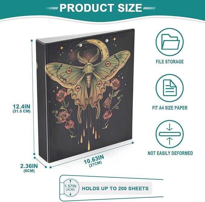 3 Ring Binder Moth Moon Floral 1.5" Round Ring Binders View Binder with 200 Sheet for Women Men Office Kids School Supplies, 1 Pack