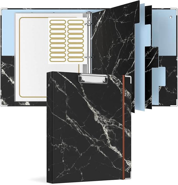 Rouidr 3 Ring Binder with clipboard, 1 inch 8.5 x 11 in Letter Size View Binders Organizer with Dividers Tabs & Clear Sleeves, School Supplies, Office Supplies, Black Textured Marble