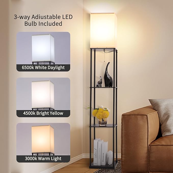 Gupuzm Floor Lamp with Shelves, Modern Square Standing Lamp with 3 Color Temperature Bulb, Corner Display Bookshelf Lamp for Living Room, Bedroom and Office (Black-2 Pack)