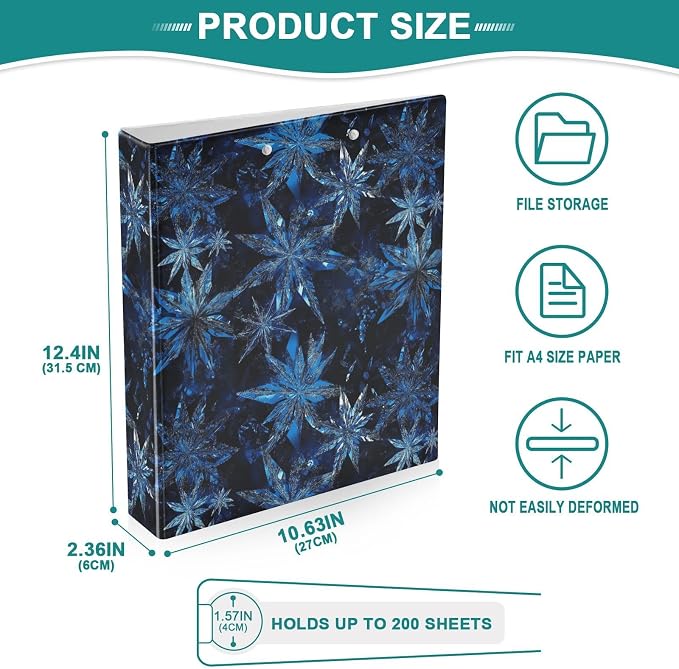 Blue Crystalline Snowflake 3 Ring Binder 1.5" Decorative D-Ring Binder with Clipboard&3 Clear Pockets, Holds 200 Sheets A4 Size Paper Waterproof Binders for School Home Office