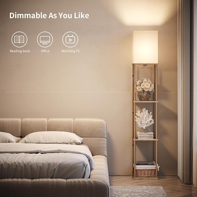 SUNMORY Floor Lamp with Shelves, Modern Square Shelf Lamps, Display Shelf Standing Lamp with 3 Color Temperature Bulb, Corner Bookshelf Lamps for Living Room and Bedroom Office, Home Decor | 3 CCT LED Bulb Include, 4-Tier Display Bookshelf, 63" Tall Co...