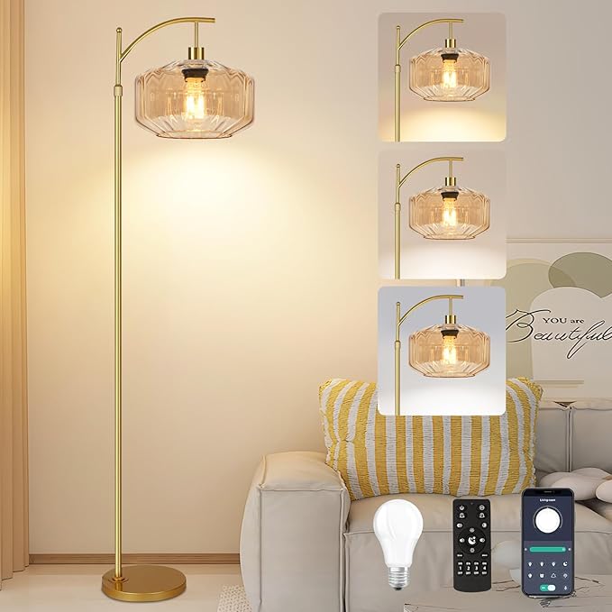 Vintage Floor Lamps for Living Room Glass Floor Lamp with Remote Control,Dimmable Floor Lamp Gold Mid Century Modern Standing Lamp 3 Color Temperature Brass Tall Floor Lamps for Bedroom Corner