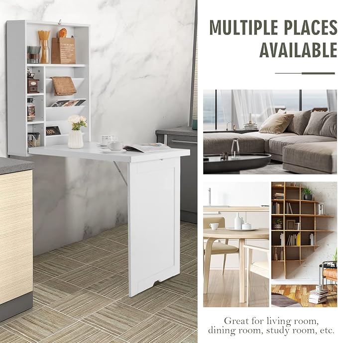 Nightcore Wall Mounted Table w/Classified Storage Space, Foldable Multiple-Purpose Desk, Sturdy Wood Structure, Floating Convertible Desk/Cabinet for Apartment, Narrow Place and Limited Room (White)