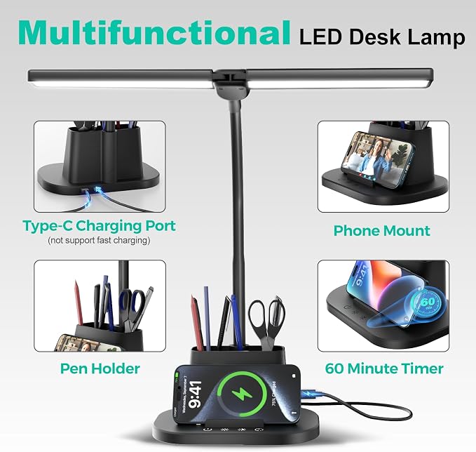 Desk Lamp with USB-C Charging Port and Organizer Base, LED Desk Light with Pen Holder, Phone Stand, 25 Lighting Modes, Flexible Gooseneck Touch Lamp for Home Office, Study Desk, College Dorm Room