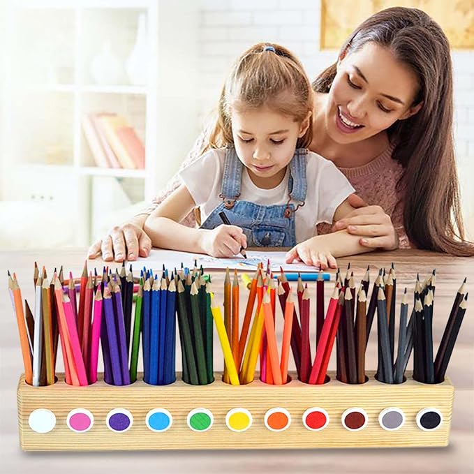 Desk Wood Colored Pen Pencil Holder, Solid Wooden Pencils Organizer Storage for Kids, Office and School Supplies.